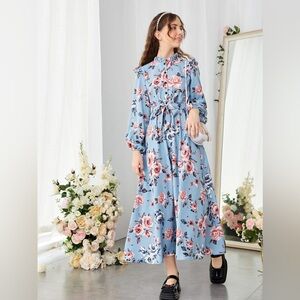 Girls Floral Print Frill Trim Lantern Sleeve Belted Dress